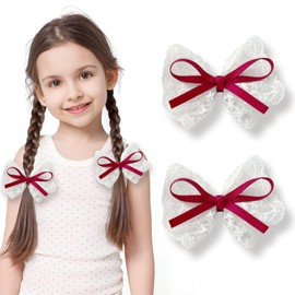LMYMHMLM 2pcs Lace Hair Bows for Girls, White Lace with Burgundy Hair Ribbons, Alligator Bow Hair Clips, Handmade Hair Accessories for Girls