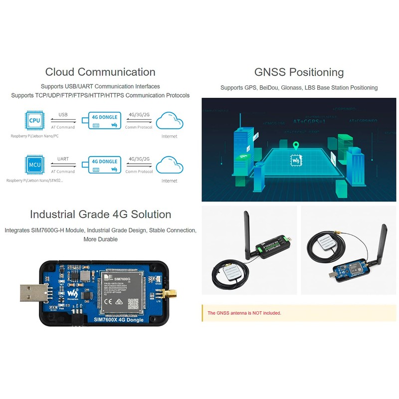 SIM7600G-H 4G DONGLE with Antenna, Industrial Grade 4G USB/UART, Communication