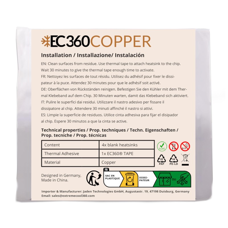 EC360® Copper 4-Pack VGA-RAM Copper Cooler/Heatsink (22 x 8 x