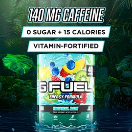 G Fuel Tropical Rain Energy Drink Powder, Pre Workout Caffeine Mix for Gaming, Sugar Free Focus Amino, Vitamin + Antioxidants, 9.8oz (Fruit Medley, 40 Servings)