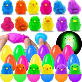 YEESEN 12 Pack Filled Easter Eggs for Kids with Toys LED Puffer Balls Chicks, Light Up Stress Relief Toys Kids Easter Basket Stuffers for Boys Girls, Non Candy Easter Gifts for Kids Party Favors