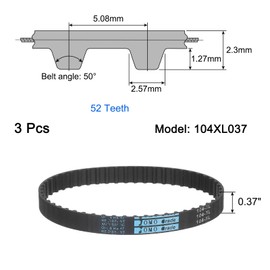 sourcing map 3 Pcs 104XL 037 Timing Belt 52 Teeth Rubber Geared Cogged Belt, 0.37" Width, 0.20" Pitch Synchronous Timing Belt