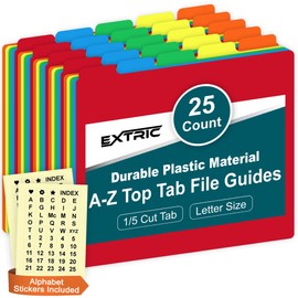 Alphabetical File Organizer, 25 Plastic Alphabet Dividers with Tabs Letter Size File Cabinet Dividers, Self Adhesive A-Z Labels – 5 Assorted Colors, 1/5 Cut Tabs for Filing Cabinet