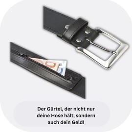 INVIDA Men's Money Belt with Secret Compartment Made in Germany, Full Leather Belt 4 cm Width, 90-130 cm Waist, Safe Belt Black, Tresure, Belt with Money Compartment, Jeans Belt, black
