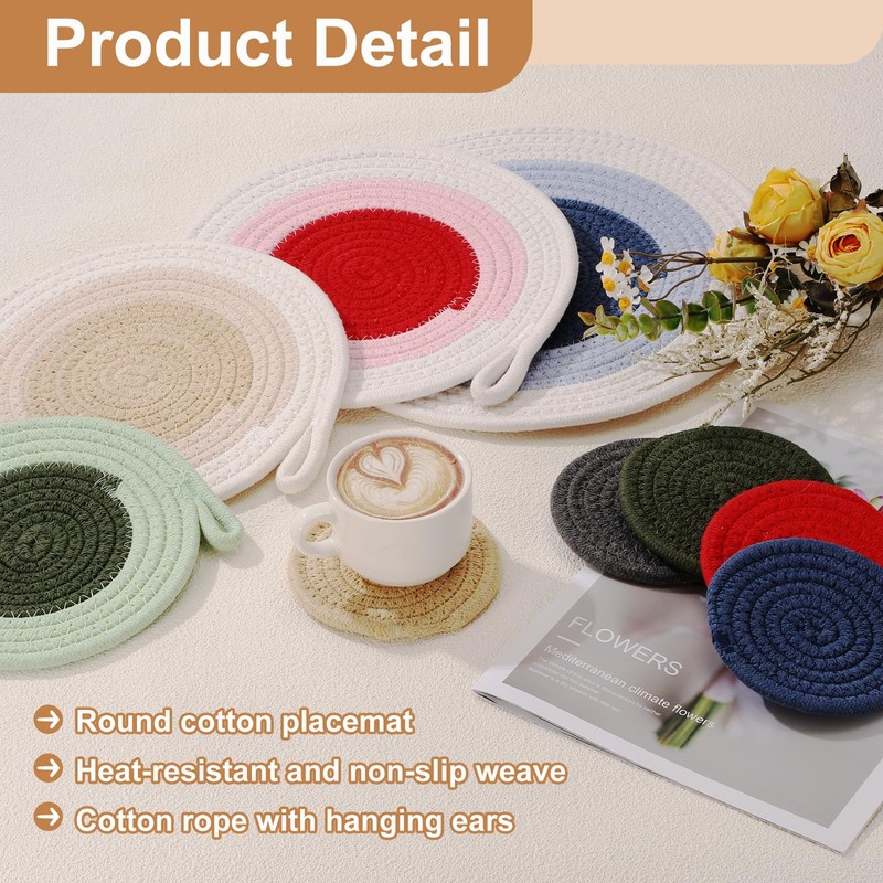 sourcing map 2Pcs Round Braided Placemats, 9.4" Woven Placemats Kitchen