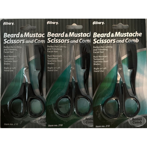 Lot of 3 Allary Beard & Mustache Scissors and Comb Right or Left Hand Use