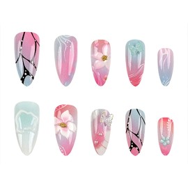 RUOKEXIN Almond Press on Nails Medium Length Fake Nails Multicolor False Nails with 3D Flower Butterfly Charms Designs Sparkly Artificial Nails Press ons Cute Stick on Nails for Women 24Pcs