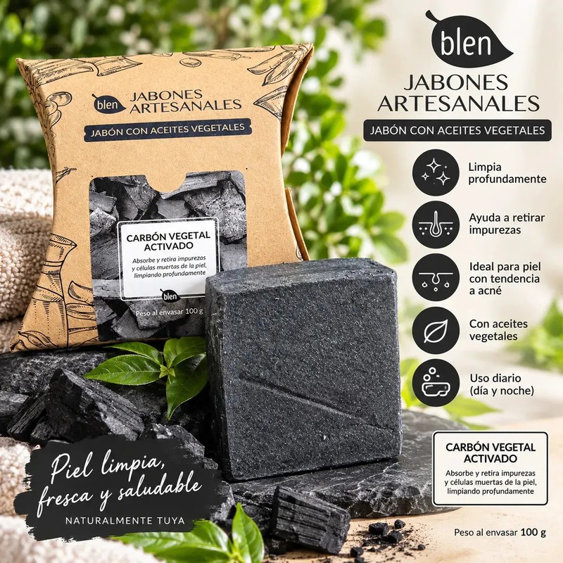 Jabón Artesanal Blen Carbón Activado 100 g Limpieza Profunda y