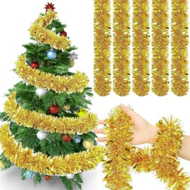 XULEGGNK Shiny Tinsel Garland, 5 x 2 m Christmas Tinsel Shiny, Metallic Shiny Garland, Christmas Decoration Garlands, Fir Garland, for Doors, Fireplaces, Stair Railings, Gold