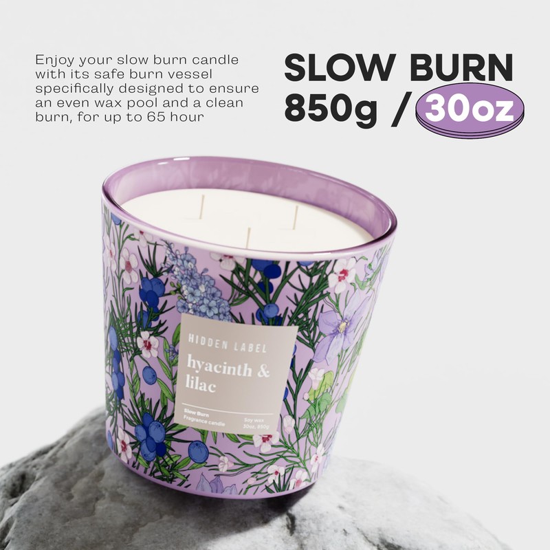Hidden Label Hyacinth & Lilac Scented,3 Wick Large Candles for