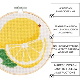 Leisure Arts Cross Stitch Kits, Lemons, 6" – Perfect Cross Stitch Kits for Beginners Adults - Stamped Cross Stitch Kits for Adults Include Designs, Thread & Hoop for Easy Crafting Fun