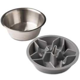 Leash Boss 2-Pack Slow Feeder Dog Bowls - 2 Cup, Puzzle Dog Food Bowl with Stainless Steal Bowl, Fits into Elevated Pet Feeders, Slow Eating for Large, Medium & Small Sized Breeds, White