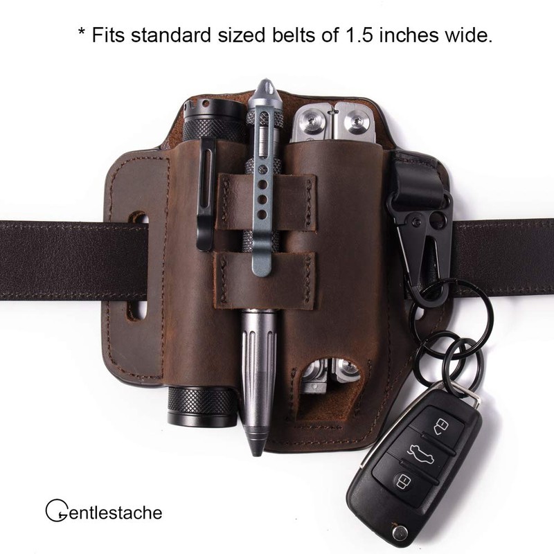 Gentlestache Multitool Belt Sheath, EDC Leather Belt Organizer, Flashlight Holder,