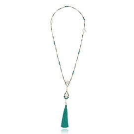 Beach Chic Green Tassel with Cultured Freshwater Pearl & Simulated Turquoise Beads Long Pendant Necklace