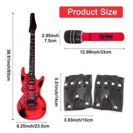 AYNKH Pack of 4 Punk Rocker Party Kit, Large Inflatable Guitar & Microphone, Heavy Metal Rocker Gloves, 80s Disco Musical Instrument Costume Accessory for Kids Adults Party