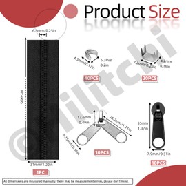 Hilitchi 81Pcs Black #5 Nylon Zipper Tape Set Includes10 Yard Nylon Coil Zippers Slider, Double-Side Zipper, Metal Zipper, Zipper Bottom Top Stops, Zipper Repair Kit for DIY Sewing Crafts