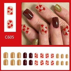 Short Press on Nails Square Fake Nails Maple Leaf with Glitter Design Holiday False Nails Brown Acrylic Nails Artificial Nails Glossy Glue on Nails Stick on Nails for Women Manicure Art 24Pcs