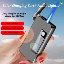 Butane Torch Lighter Refillable Jet Flame Lighter with Gas Window Windproof Solar Charging Lighter Great Gift Idea for Men & Women (Black)