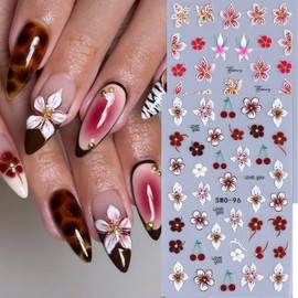Flower Nail Stickers 5D Lily Nail Decals 4PCS Self-Adhesive Summer Sticker for Nails Colorful Floral Nail Art Supplies White Brown Pink Flowers Stickers for Women Nail Decorations Charms Accessories