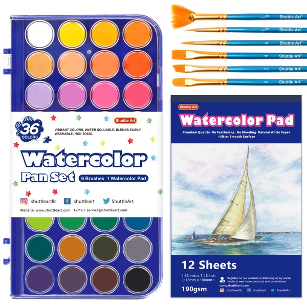 43 Pack Watercolour Paint Set, Shuttle Art 36 Colours Watercolour Paint Pan Set with 6 Brushes and 1 Watercolour Pad for Beginners, Kids Watercolour Painting, Calligraphy
