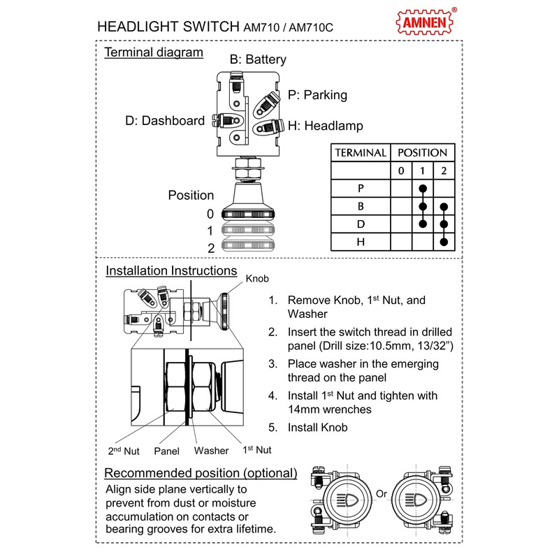 AMNEN Universal 2-Position Push Button Headlight Switch AM-710C
