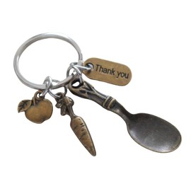 Bronze Serving Spoon Charm Keychain with Carrot, Apple, and Thank You Charm, Food Server, School Lunch Serving Staff Appreciation Keychain
