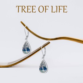 Tree of Life Earrings for Women, Hanging Earrings Tree of Life Silver 925 with Abalone Bowl, Women Jewellery for Her Girlfriend, Sterling Silver