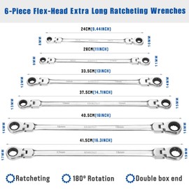 RIMKOLO 6-Piece Extra Long Flex-Head Ratcheting Wrench Set, 72-Tooth Double Box End Wrench Set, CR-V Steel ratcheting wrenches with Metric 8mm - 19mm