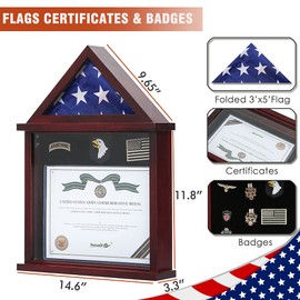 Flag Display Case Military Shadow Box Fits a Folded 3'x5' Army Navy Air Force Veterans Home Flown Flag with Certificate Document Holder Frame and Felt Lining for Badges and Medals, Mahogany Finish