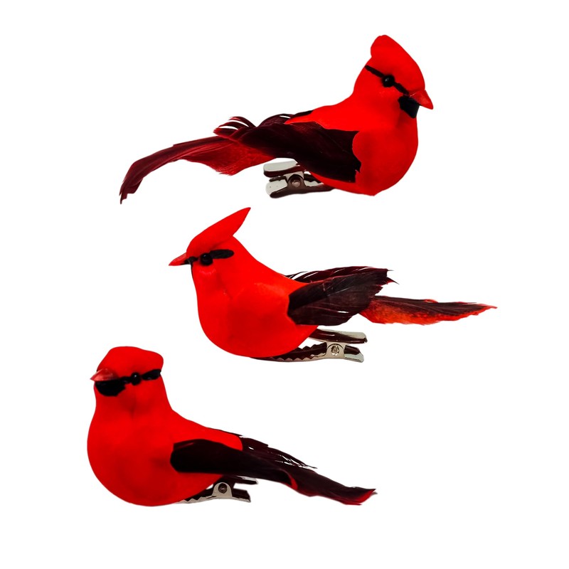 Berfutall-Cardinal Clip On Christmas Tree Ornament Decorations - Red Feathers