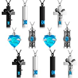 Henoyso 12 Pcs Urn Necklace for Ashes Bulk Cremation Cross Heart Cubic Jewelry Stainless Steel Memorial Locket for Men Women(Blue)