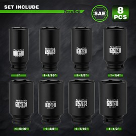 TecoTek 1/2" Drive Deep 6-Point Impact Socket Set, 8-Piece Standard SAE Spindle Axle Nut Impact Socket Set, Cr-Mo, 1-Inch to 1-1/2-Inch Size