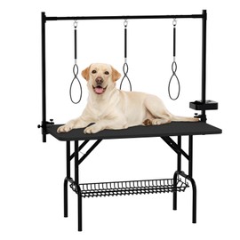 VFK 36''/47''Large Dog Grooming Table, Foldable Pet Station at Home, Dog Grooming Table,Adjustable Cat Drying Desktop with Arms, Nooses, Mesh Tray (Basic pet Table, 47" Black)