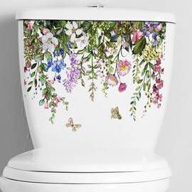 1Pc Green Plant Leaves Flowers Toilet Stickers Self-Adhesive Bathroom Wall Sticker Green Leaf Floral Toilet Lid Decals DIY Removable Waterproof Sticker Lid Decals, Toilet Accessories