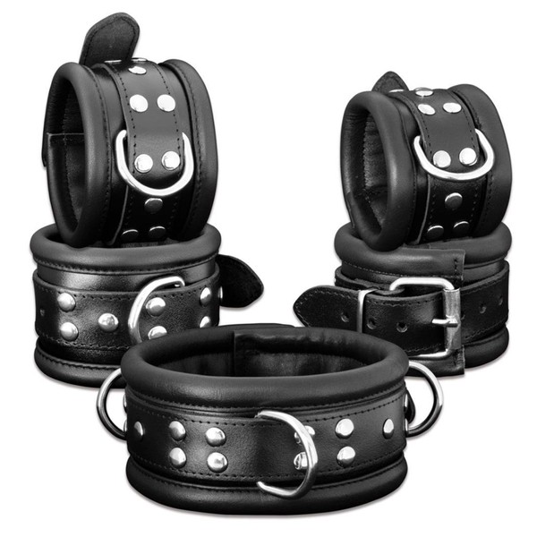 HQ Padded Bondage Real Leather Wrist and Ankle Restraints Cuffs/Collar Restraint Set Black Handcuffs ankle straps Padded Top Quality