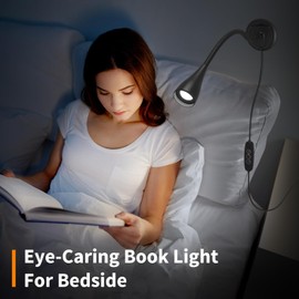 Book Light for Reading at Night in Bed, Wall Mount Reading Light for Bedside,Headboard, Eye Care LED, 5 Color & Brightness Dimmable, Flexible Gosseneck, 2 Pack