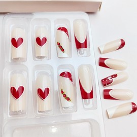 Red French Tip Press on Nails Long Coffin Valentines Day Fake Nails with Glue Red Love Heart Design Rhinestone Charms False Nails Valentine Glue on Nails Artificial Stick on Nails for Women Girls