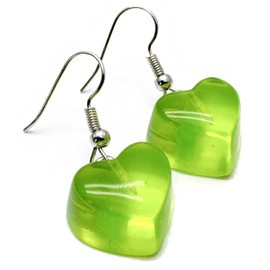 Lime Green Heart Charm Earrings - Super Cute Resin Charm Beads on Silver Tone Nickel Free Hooks : 33mm