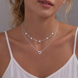 Heart Necklaces for Women Girls, Dainty 14K Silver Plated Necklace Cute Tiny Diamond Stacked Heart Choker Pendant Charm Jewelry Gifts for Birthday Valentine's Day Christma Graduation