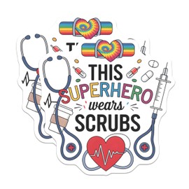 (2 Pack) Superhero Wears Scrubs Stickers - Nurse Appreciation - Medical Worker Pride - 5" On Longest Side - Sticks to Smooth Flat Surfaces - Made in USA - BMCS7203