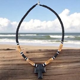 BlueRica Wood Cross Pendant on Coconut Beads and Puka Shell Accents Necklace (Black)