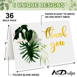 AnyDesign 36 Pack Summer Thank You Cards Bulk Tropical Palm Leaves Thank You Note Cards with Stickers Envelopes Gold Foil Thank You Greeting Cards for Baby Shower Wedding Birthday Party Graduation
