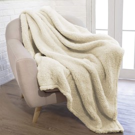 PAVILIA Plush Sherpa Throw Blanket for Couch Sofa | Fluffy Microfiber Fleece Throw | Soft, Fuzzy, Cozy, Shaggy, Lightweight | Ivory Cream Blanket | 90 x 108 Inches