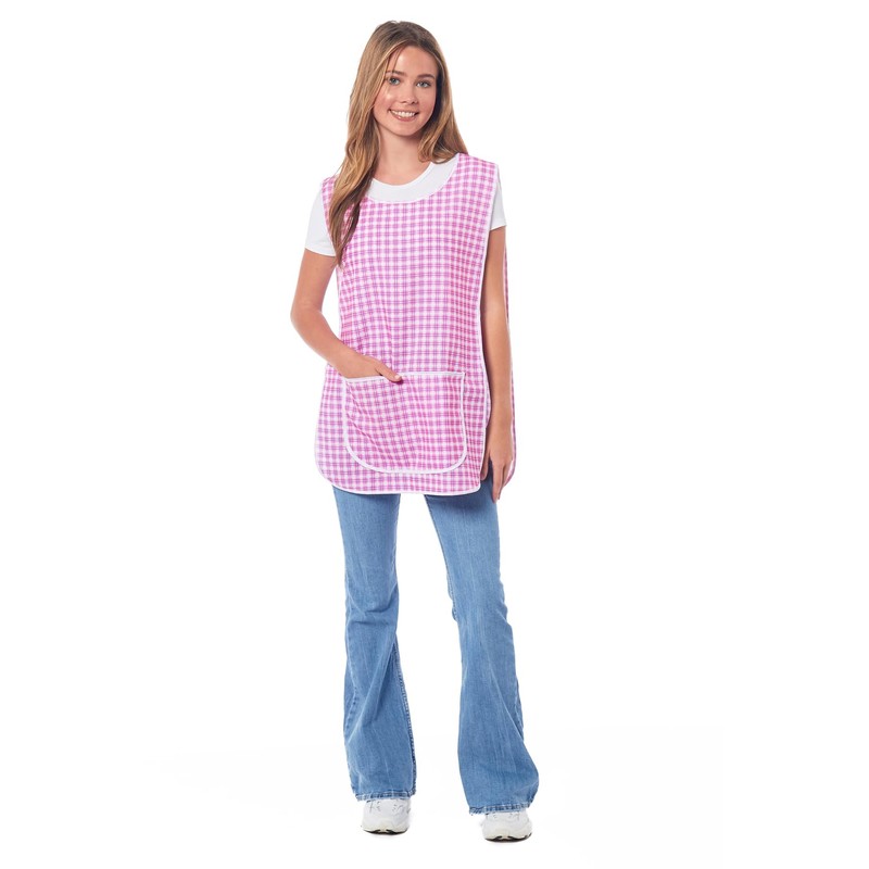 Ladies Check Design With Piping Tabard Apron Overalls Front Pocket
