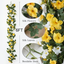 Mizii Artificial Petunias Flower Vines Garland 6 Feet Yellow Faux Morning Glory Silk Flowers Garland UV Resistant Fake Hanging Vines Plants Decorations for Outdoor Garden Indoor Home Decor (Yellow)