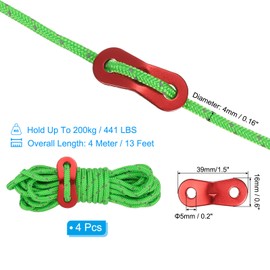 PATIKIL 4mm Tent Rope, 4 Pack 13ft Reflective Guyline Cord Tied Downs Rope Paracord Cord Camping Ropes with Red Aluminum Cord Adjusters for Camping Hiking Tent, Green