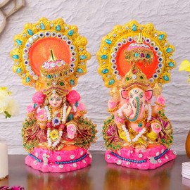 Craftsman (6-6.5 INCH Lakshmi Ganesha Clay Statue with Decorative Idol for Diwali Pooja, Housewarming & Indian Home Decor, Laxmi Ganesh Ridhi Sidhi Murti Gift