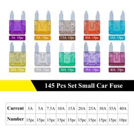 AHL 145pcs Mini Flat Fuse Set 3A 5A 7.5A 10A 15A 20A 25A 30A 35A 40A with Fuse Removal Tool for Auto Motorcycle Truck Boat Snowmobile