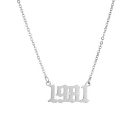 SKQIR Birth Years Number Necklace,Initial Year Pendant Necklace Gold Plated Birthday Gift Charm Friendship Old English Arabic Mumerals Stainless steel Necklace Jewelry for Women Girl（Silver,1981）
