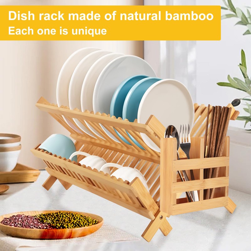 Tefola Bamboo Dish Drying Rack, 2-Tier Foldable Design with Utensil